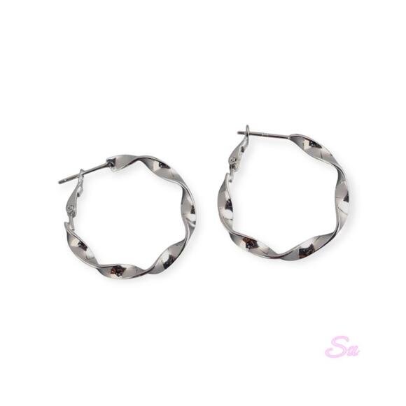 Modern Silver Twisted Hoop Earrings 60MM - Picture 3 of 4